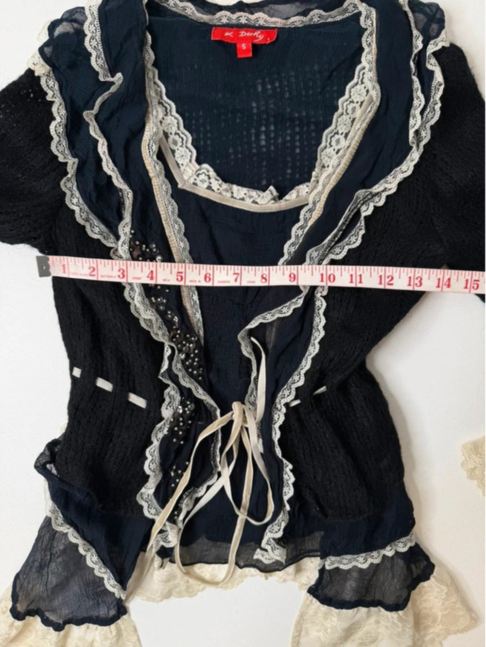 Romantic Vintage René Derhy Sequin Lace Trim Cardigan Top Y2K Size S - Picture 7 of 8